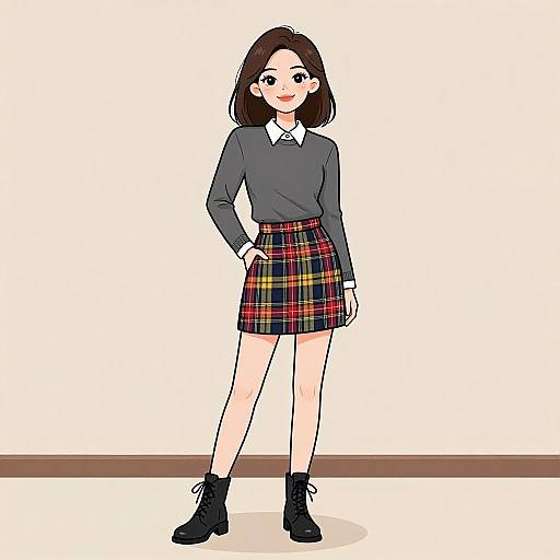 Smiling Woman in Preppy Tartan Outfit