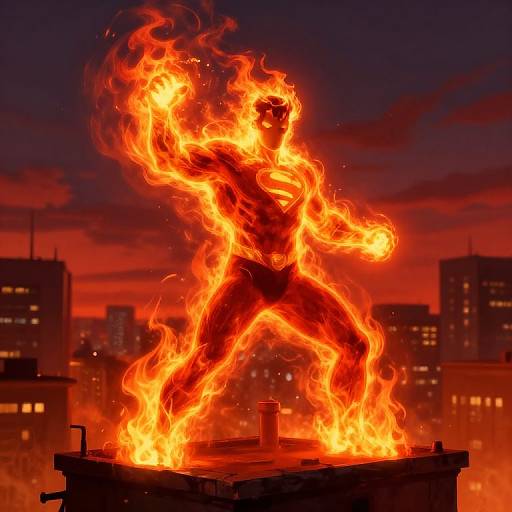 Digital artwork of a fiery, muscular figure standing on a rooftop at sunset, surrounded by city buildings with glowing windows.