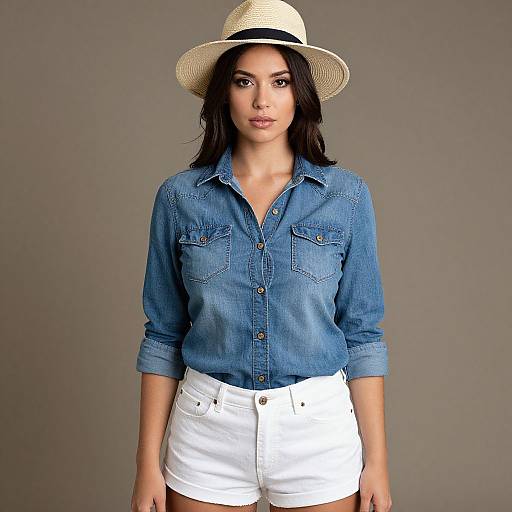 Photograph of a woman with olive skin, dark hair, wearing a beige straw hat, blue denim shirt, and white high-waisted shorts.