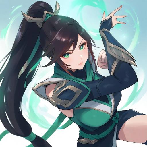 Illustration of Akali (legacy), league of legends in the style of Gucchiann