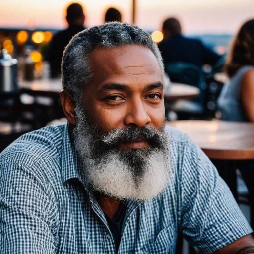 Smiling Middle-Aged Man with Beard at Outdoor Cafe