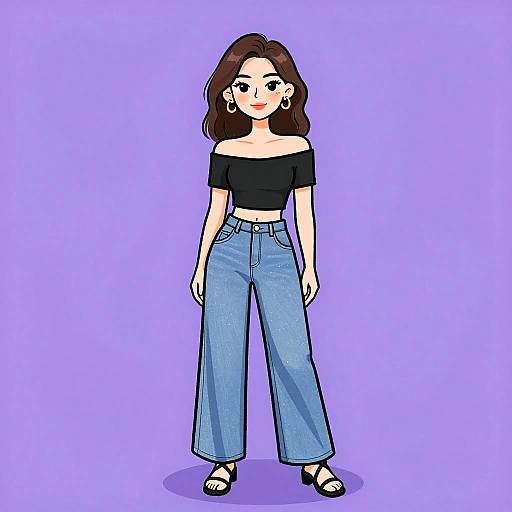 Digital cartoon of a smiling woman with brown wavy hair, wearing a black off-shoulder top, high-waisted blue jeans, and black