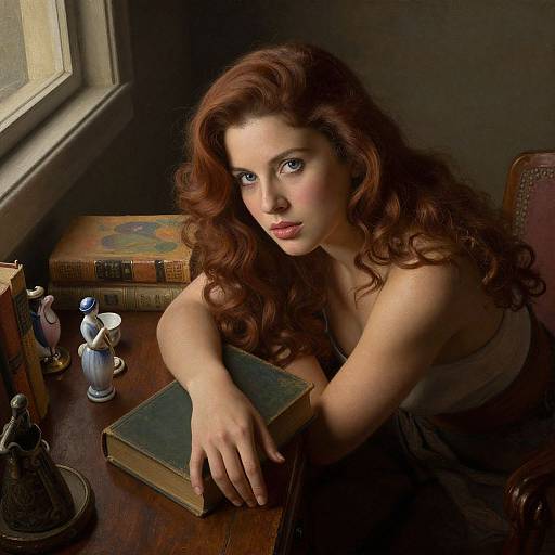 Photograph of a fair-skinned woman with long, wavy auburn hair, sitting by a window, leaning on a book, surrounded by