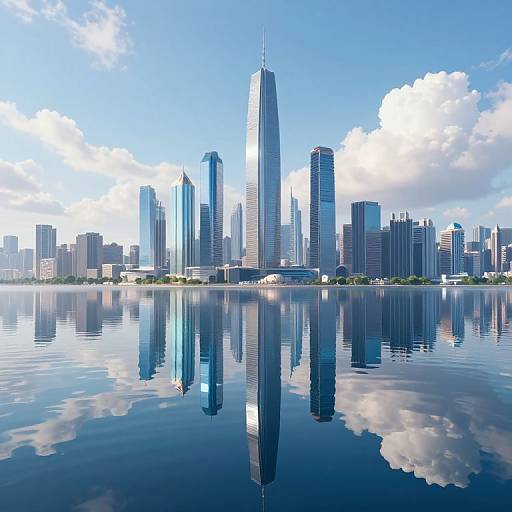 Photograph of a modern city skyline with tall skyscrapers reflected in a calm blue lake under a bright, partly cloudy sky.