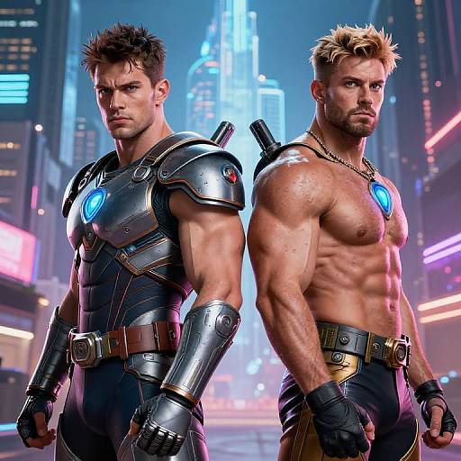 Photorealistic CGI of two muscular men: one in metallic armor with a blue chest emblem, the other shirtless with a matching emblem, standing back