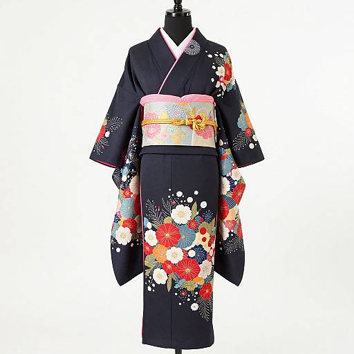 Photograph of a black kimono adorned with vibrant red, white, and orange floral patterns, and a pink and white obi belt, displayed on