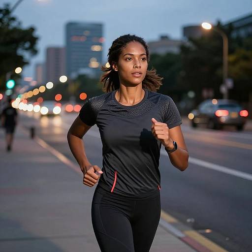 Photograph of a Black woman jogging on an urban street at dusk, wearing a black athletic shirt and pants, with city lights and blurred buildings in the