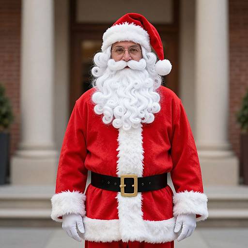 Photograph of a traditional Santa Claus with a large white beard, red velvet suit, white trim, black belt, and white gloves, standing in front