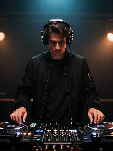 Male DJ Performing with Headphones in Club