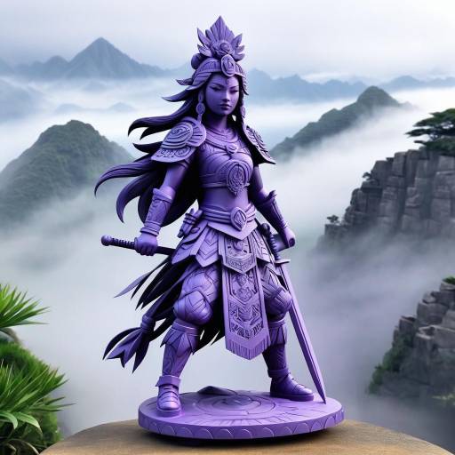 Aztec-Style Warrior Princess Statue on Misty Mountain