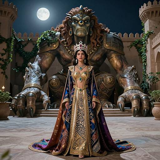 Digital artwork of a regal woman in an ornate, gold and blue gown with intricate patterns, crowned, standing before a giant, mythical lion-stat