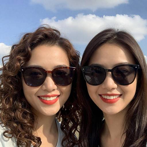 Joyful Women with Sunglasses Under Blue Sky