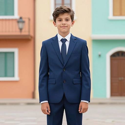 Boy in Blue Suit by Colorful Buildings