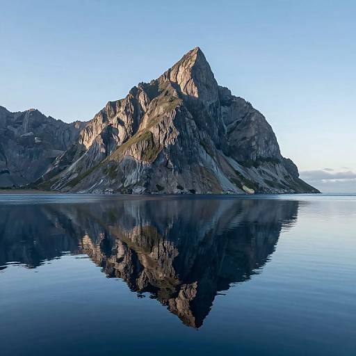 Photograph of a jagged mountain reflected perfectly in a calm, clear blue lake under a bright, cloudless sky.