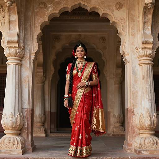 Indian Woman in Traditional Red and Gold Saree