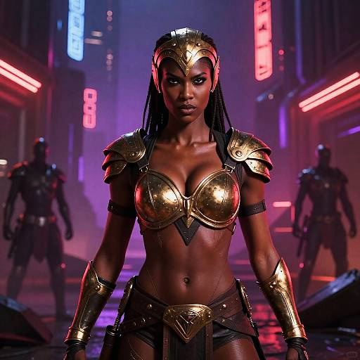 Fierce Armored Woman in Futuristic Cityscape