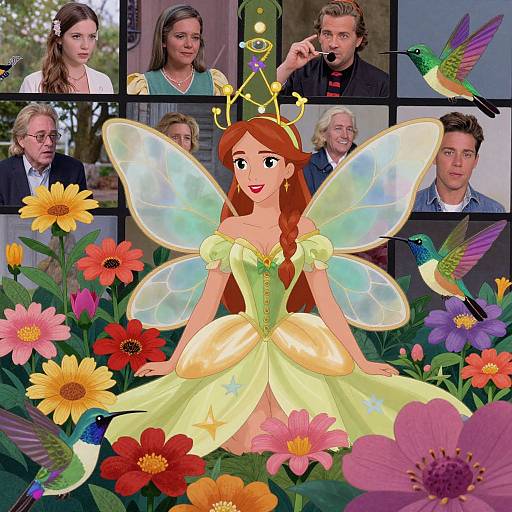 Photomontage of animated fairy with yellow dress, crown, and transparent wings amidst colorful flowers, surrounded by real-life photos of celebrities.