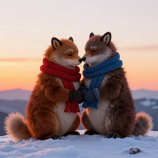 Photograph of two fluffy foxes sitting in snow, facing each other, wearing red and blue scarves, at sunset.