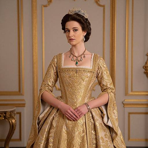Photograph of a regal woman in an elaborate, gold, embroidered gown, tiara, necklace, and bracelet, standing in an ornate,