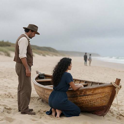 Couple by Wooden Boat on Beach