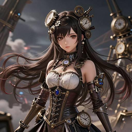 Digital art of a steampunk woman with long black hair, clock gears, and blue gemstones, wearing a corseted black dress, against
