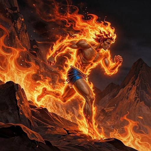Muscular man engulfed in fiery flames, wearing blue shorts, mid-leap over rocky mountains at night. Dynamic, dramatic, digital art.