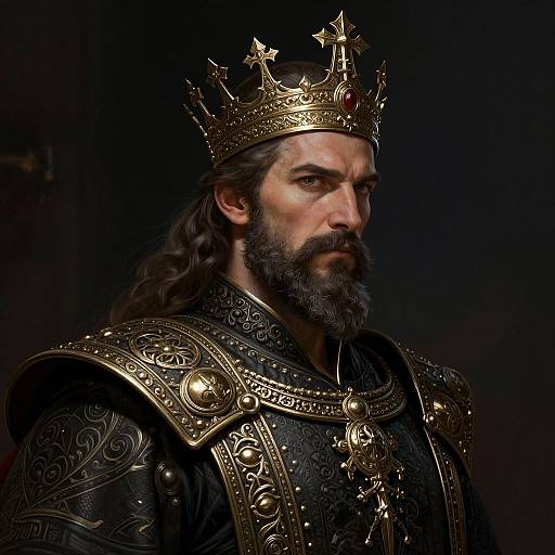 Photorealistic image of a regal, bearded man with long brown hair, wearing an ornate gold crown and black, intricately embroidered royal