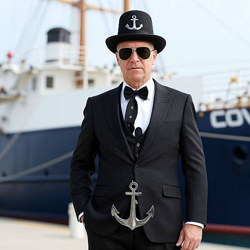 Photograph of a man in a black pinstripe suit, black bow tie, black hat with anchor, and sunglasses, standing in front of a