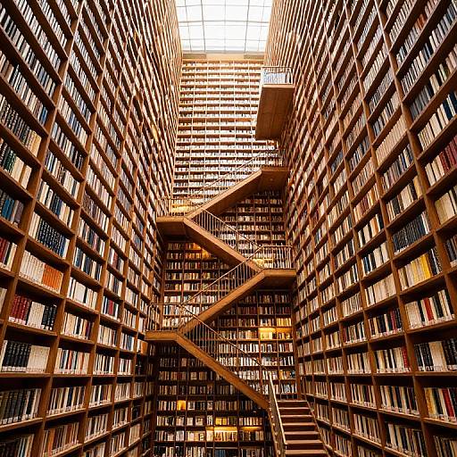Photograph of a grand, multi-story library with tall, wooden bookshelves filled with colorful books, a central staircase, and warm, golden sunlight