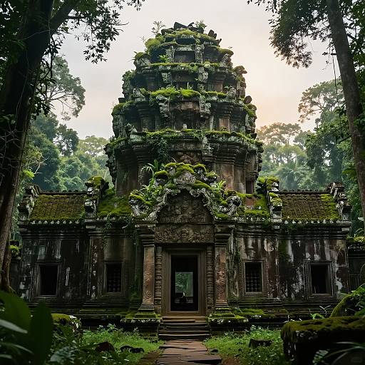 Photograph of a moss-covered, ancient stone temple with intricate carvings, surrounded by lush green trees, and overgrown foliage, capturing a mystical