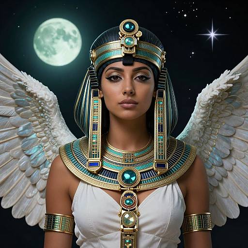 Digital artwork of a serene, dark-skinned, winged Egyptian goddess with turquoise and gold jewelry, white dress, and starry night background.