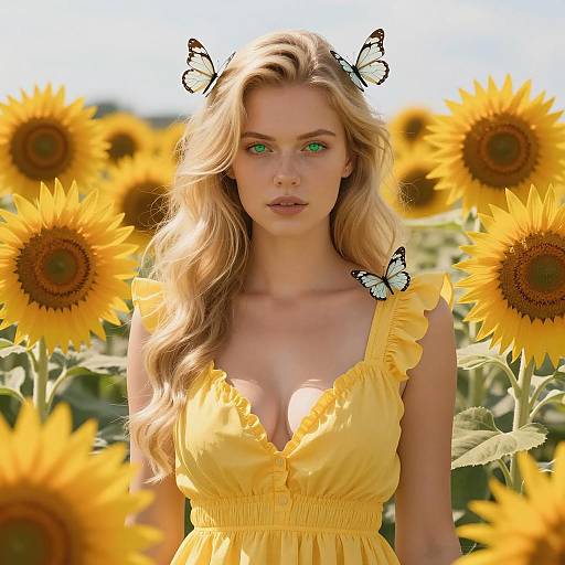 Blonde Woman in Yellow Dress Among Sunflowers