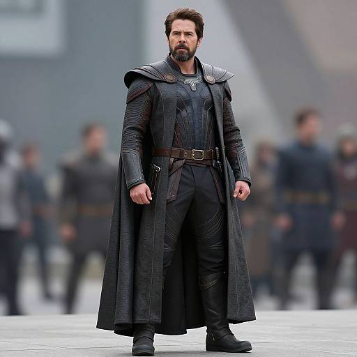 Photograph of a bearded man with dark hair, wearing a long, dark, textured coat with shoulder pads, standing confidently in a blurred, urban