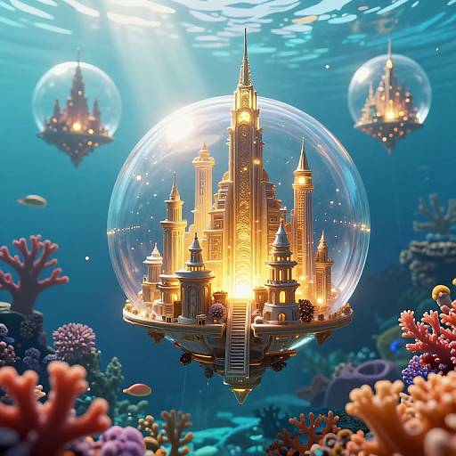 Digital art of a glowing, glass-domed castle floating underwater, surrounded by colorful coral reefs and bubbles, with sunlight filtering through the water.