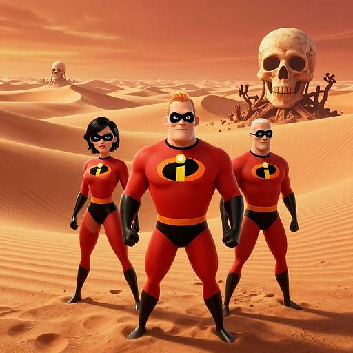Digital CGI image of three Incredibles in red suits with black gloves and masks, standing in a desert with sand dunes and a giant skull in