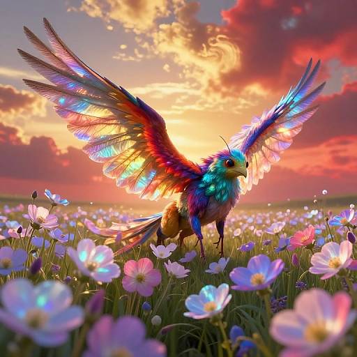 Vibrant, multicolored bird-like creature with iridescent feathers standing in a field of blooming flowers at sunset, vivid clouds in the