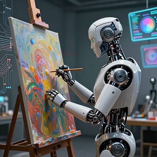 Photograph of a white humanoid robot painting a vibrant, abstract, swirling colorful painting on an easel in a modern, tech-filled studio.