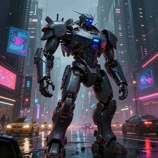 Cyberpunk CGI: towering, blue-accented, black mecha robot stands in a neon-lit, rain-soaked city street with yellow