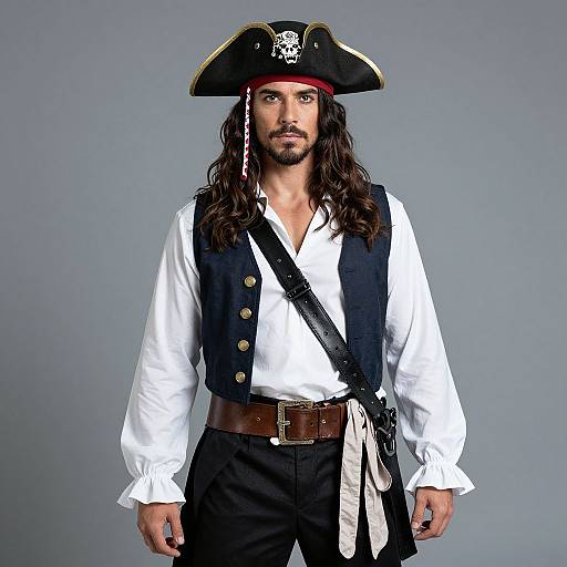 Photograph of a bearded man with long brown hair, wearing a pirate costume: black tricorne hat, white shirt, black vest, brown
