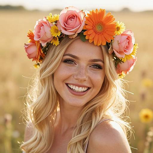 Blonde woman with wavy hair, smiling, wearing a colorful flower crown of pink roses and orange daisies, in a sunlit field.
