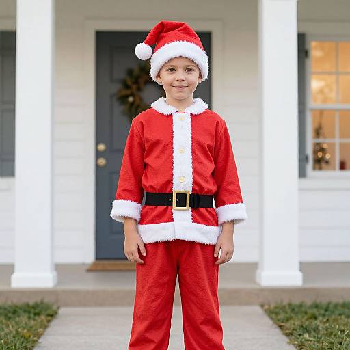 Photograph of a young boy in a red Santa outfit with white trim, black belt, and hat, standing in front of a white house with blue