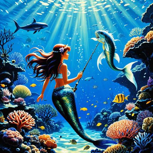 Anime Style Mermaid Fishing Underwater Anime Style Mermaid Fishing Underwater