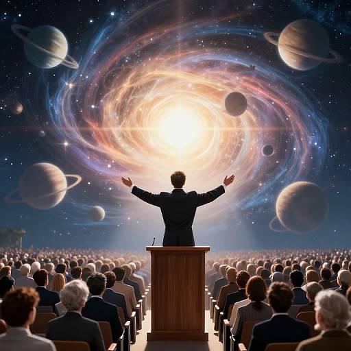 Photograph-style digital artwork: Silhouetted figure with arms raised stands at wooden podium, surrounded by audience, with vibrant, swirling galaxy and planets