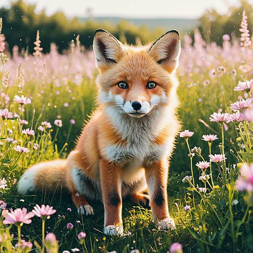 Baby Fox in Sunny Wildflower Meadow