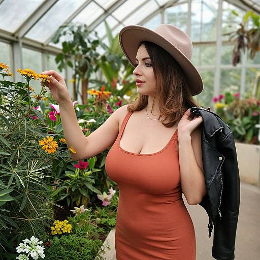 Photograph of a curvy woman with fair skin, brown hair, large breasts, wearing a brown hat, orange tank top, and black jacket,