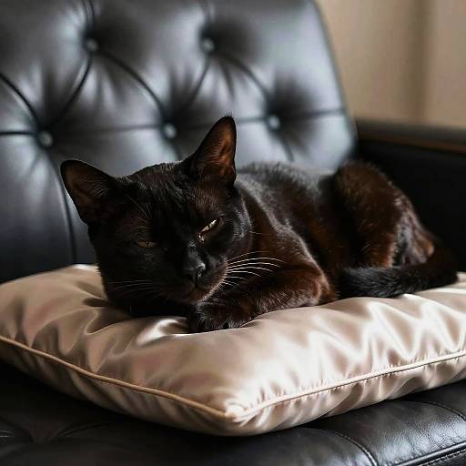 Photograph of a black cat with green eyes, lying on a shiny white satin pillow, on a tufted black leather couch.