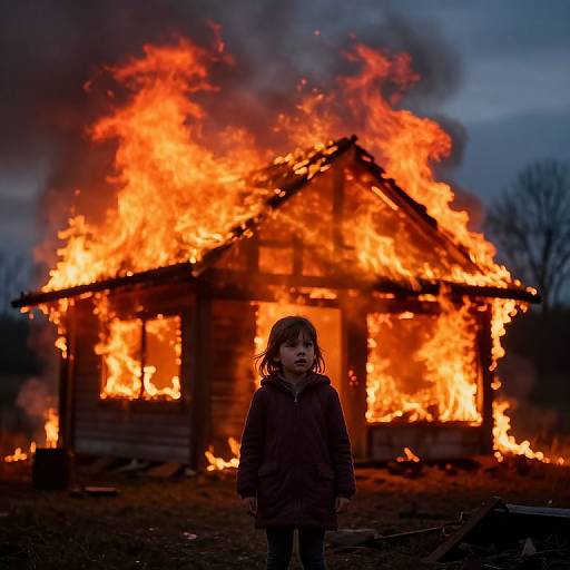 Photograph of a young girl with dark hair, standing in front of a burning wooden house at dusk, with bright orange flames and dark smoke in the