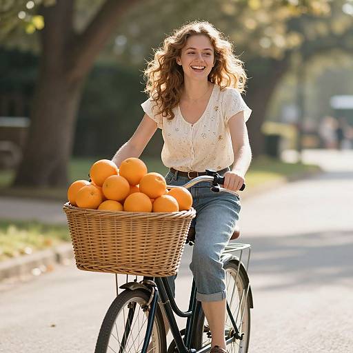Photograph of a smiling young woman with curly brown hair, wearing a white blouse and blue jeans, riding a bike with a basket full of oranges on