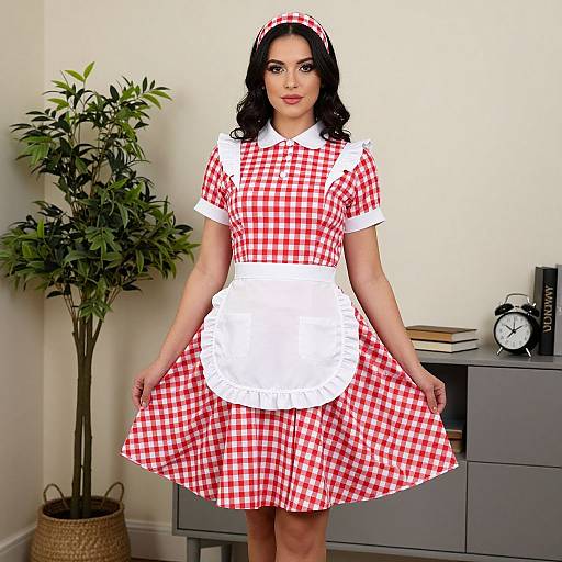 Photograph of a curvy woman with dark hair in a red and white checkered vintage maid dress, white apron, and headband, standing