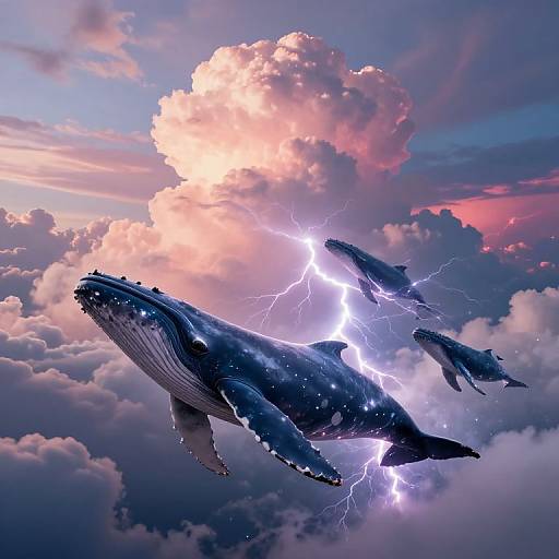 Photograph-style digital artwork of two large, lightning-struck whales soaring among pink and purple clouds at sunset, with bright lightning bolts illuminating their dark